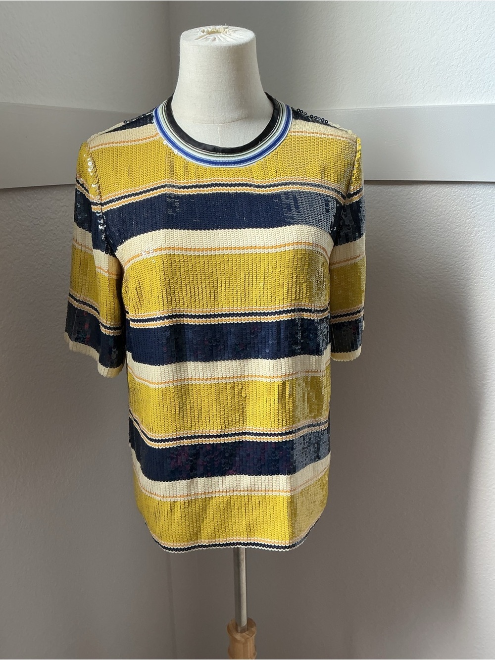 3.1 Phillip Lim Yellow, Navy & Cream Sequin Stripe Short Sleeve Top - Picture 2 of 9